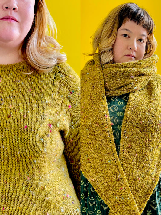 Felix Pullover & Dustland Shawl in Corrie Confetti